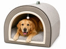DreammyDoggie warm winter dog kennel with a golden retriever resting inside on a soft gray memory foam cushion.
