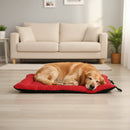 DreammyDoggie portable red and black waterproof dog mat with a golden retriever sleeping comfortably on it indoors.