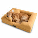 DreammyDoggie yellow sofa dog bed with a golden retriever sleeping comfortably on a plush removable cushion